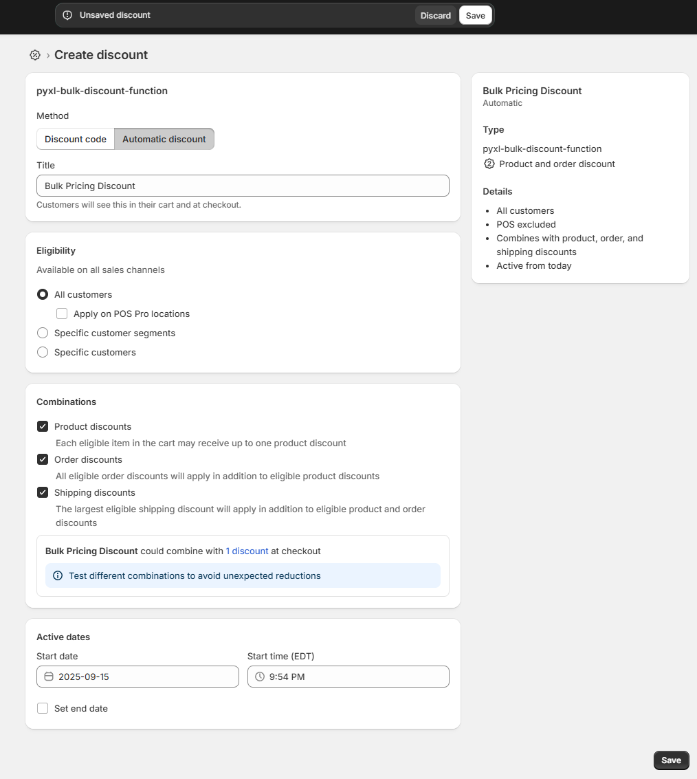 Screenshot of the Discount Creation screen
