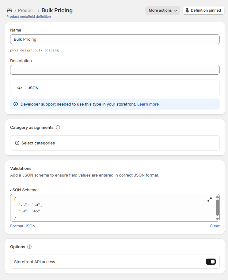 Screenshot of the Bulk Pricing metafield configuration in Shopify