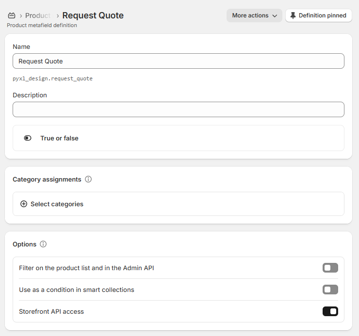 Screenshot of the Request Quote metafield configuration in Shopify